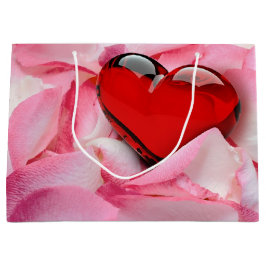 Grand Sac Cadeau Saint-Valentin Rouge Verre Coeur Rose Pétales
