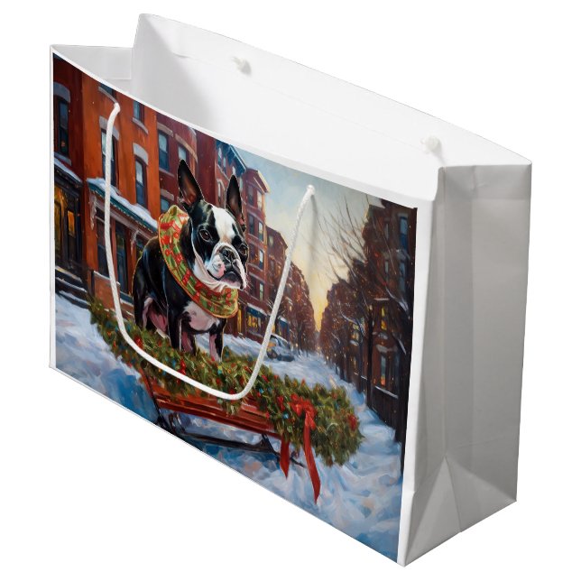 Grand Sac Cadeau Saison de Noël de Boston Terrier (Devant Angle)