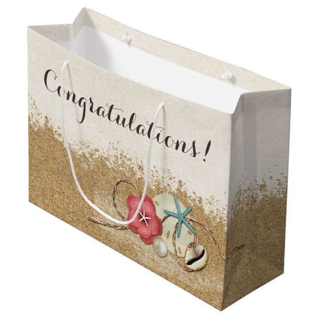 Grand Sac Cadeau Sandy Beach Hibiscus & Coques Mariage Personnalisé (Devant Angle)