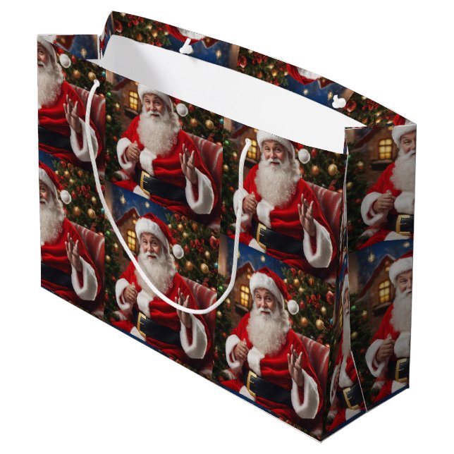 Grand Sac Cadeau Santa Clause souriant et agitant (Dos Angle)