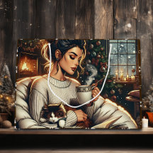 Scène cosy | Une femme boit du cacao Noël