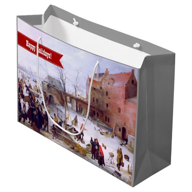 Grand Sac Cadeau Scène d'hiver Art de Noël (Devant Angle)