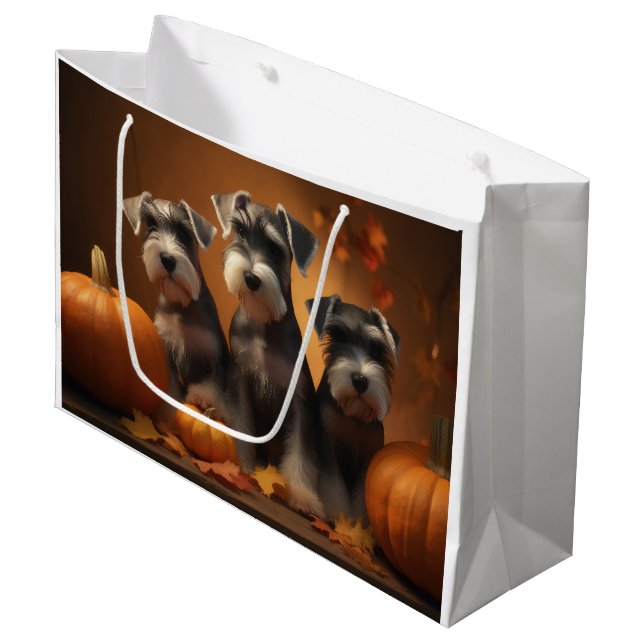 Grand Sac Cadeau Schnauzer Chiot Automne Citrouille de plaisir (Devant Angle)