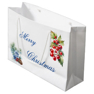 Grand Sac Cadeau Script Bleu sur Baies de Houx Blanc Joyeux Noël