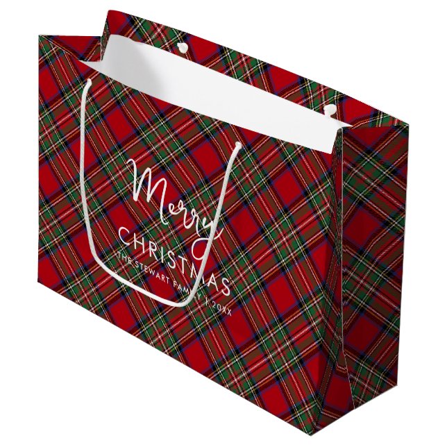 Grand Sac Cadeau Script Rustique Plaid Christmas Stewart Tartan (Devant Angle)