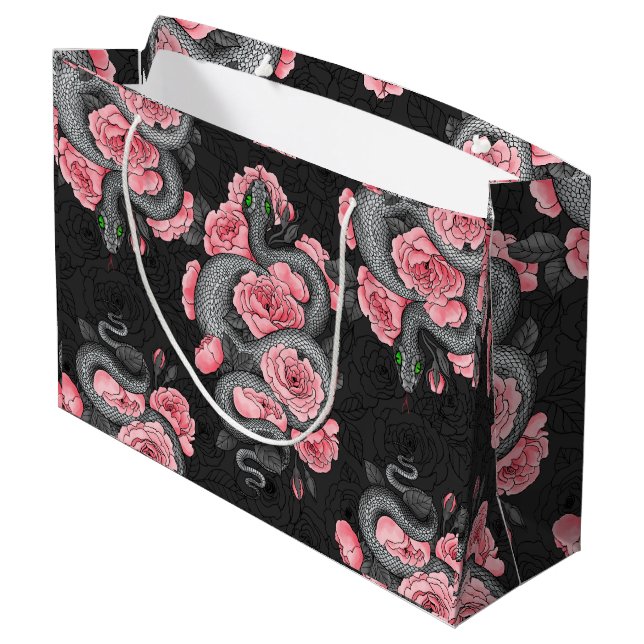 Grand Sac Cadeau Serpents et roses de pêche (Dos Angle)