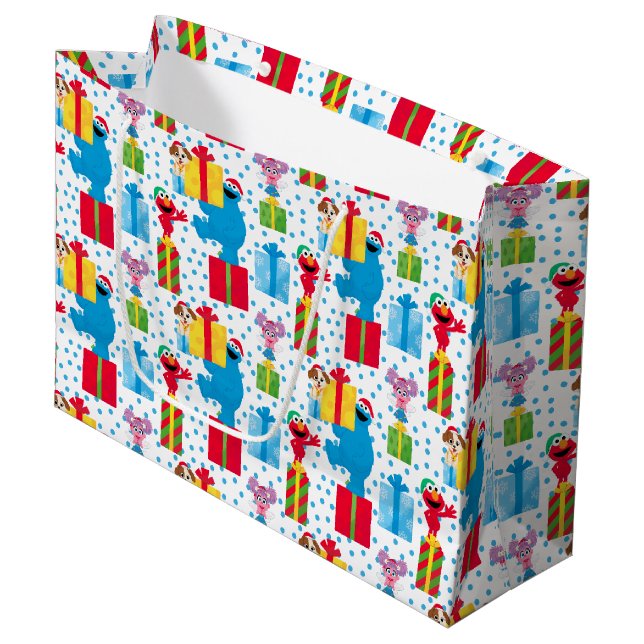 Grand Sac Cadeau Sesame Street Noël Présente Motif (Devant Angle)