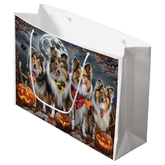 Grand Sac Cadeau Shetland Sheepdog Halloween Éffrayant (Devant Angle)