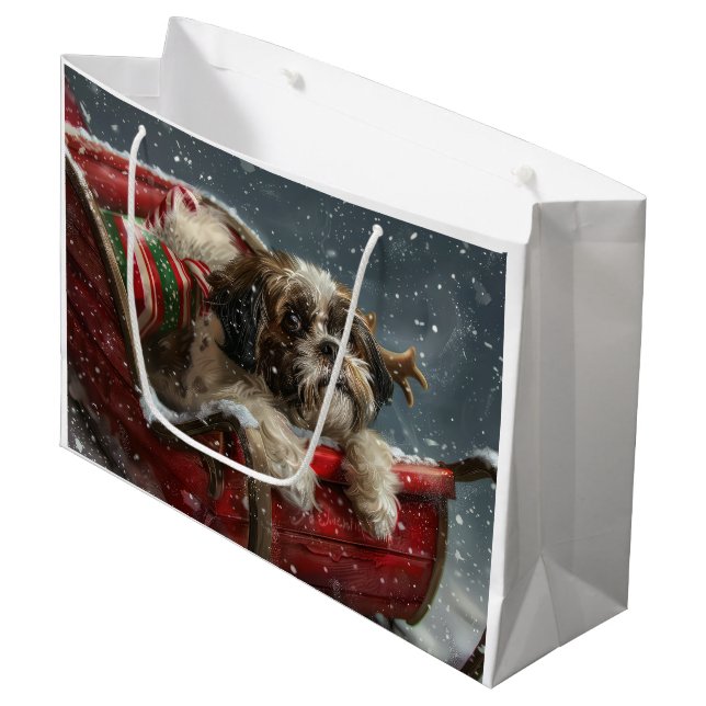 Grand Sac Cadeau Shih Tzu Chien Festif de Noël (Devant Angle)