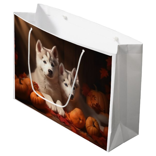 Grand Sac Cadeau Sibérie Husky Puppy Citrouille d'automne (Devant Angle)