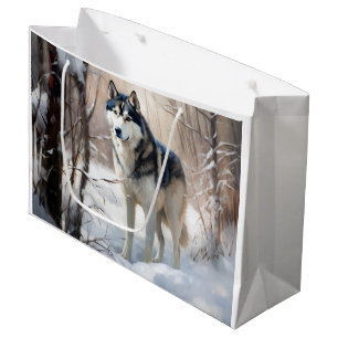 Grand Sac Cadeau Sibérien Husky Laisser Neige Noël