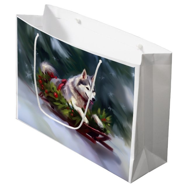 Grand Sac Cadeau Sibérien Husky neige de Noël hiver (Devant Angle)