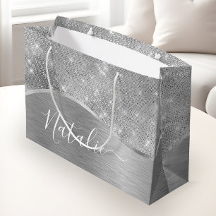 Grand Sac Cadeau Silver Glitter Glam Bling Personalized