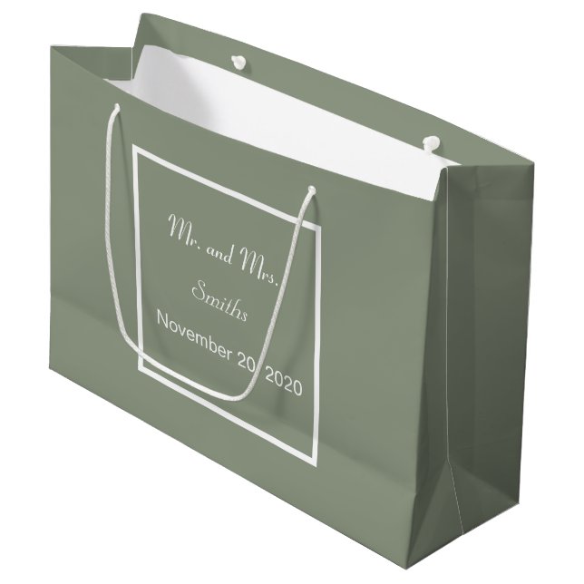 Grand Sac Cadeau Simple Élégant Vert Sauge & Mariage Blanc Grand  (Devant Angle)