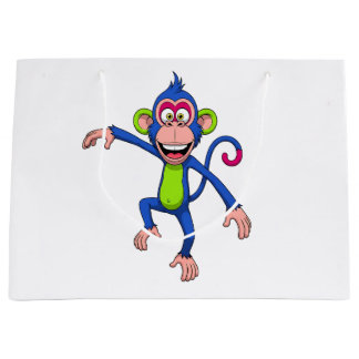 Grand Sac Cadeau Singe de dessin animé bleu et vert heureux