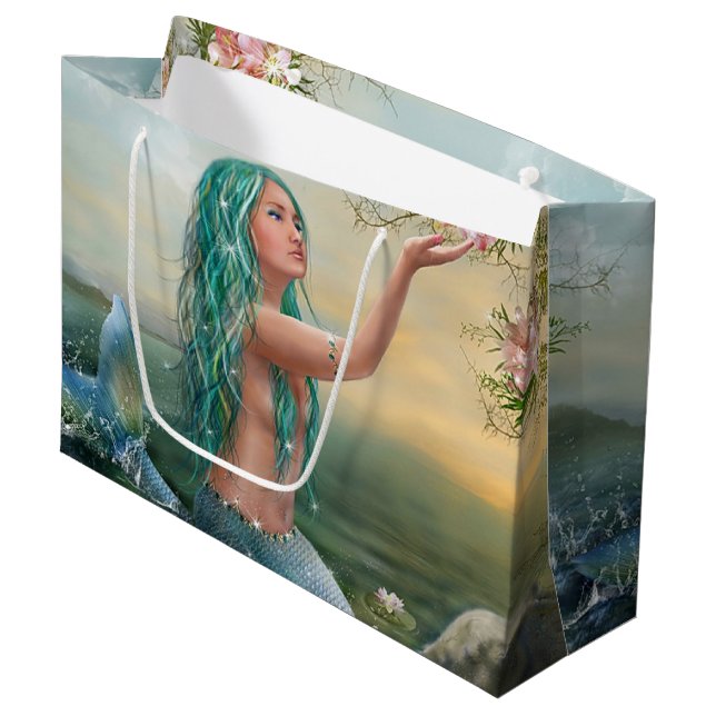 Grand Sac Cadeau sirène d'une chevelure verte (Devant Angle)