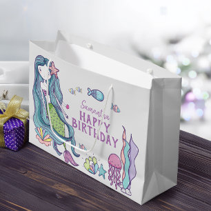 Grand Sac Cadeau Sirène sarcelle violette Joyeux Anniversaire Perso