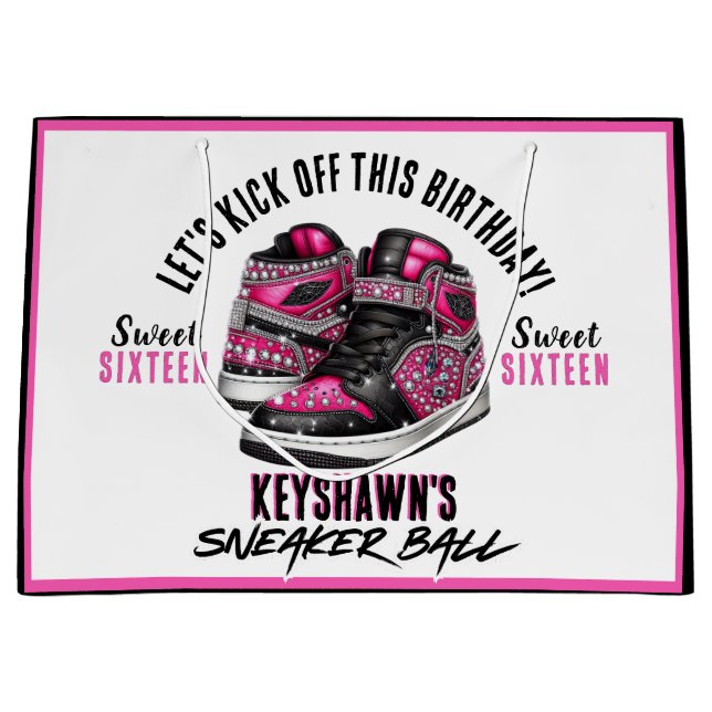 Grand Sac Cadeau  Sneaker Ball Pink & Black Glitter Birthday (Devant)