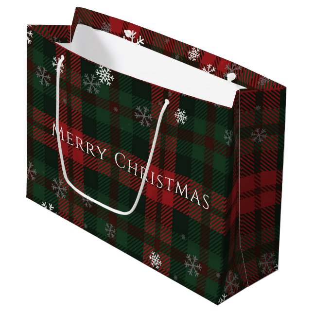 Grand Sac Cadeau Snowflakes Plaid Fêtes de Noël Motif (Devant Angle)