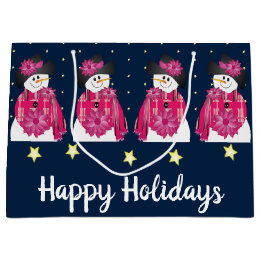 Grand Sac Cadeau Snowman Bleu Foncé Et Rose