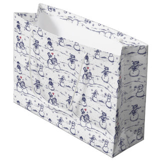 Grand Sac Cadeau Snowman parade toile - bleu