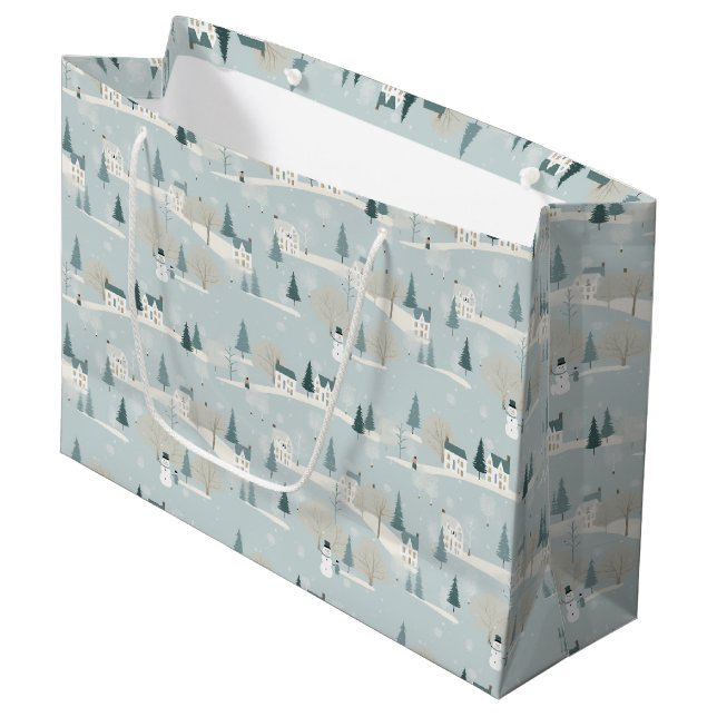 Grand Sac Cadeau Snowy Blue Minimalist Christmas Village  (Devant Angle)