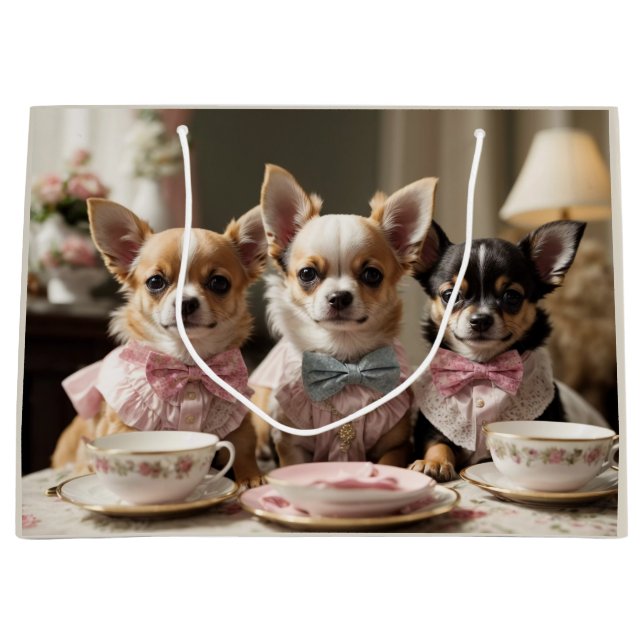 Grand Sac Cadeau Soirée Tea Party de Cute Girly Chihuahua (Devant)