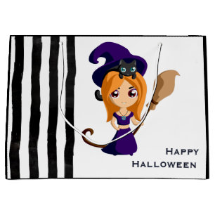 Grand Sac Cadeau Sorcière mignonne en Casquette violet Halloween