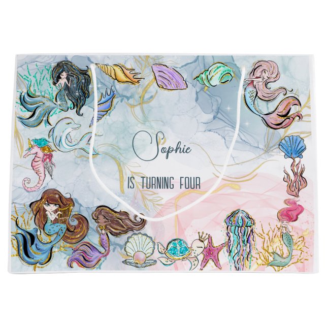 Grand Sac Cadeau Sous la mer Sirènes anniversaire de enfant (Devant)