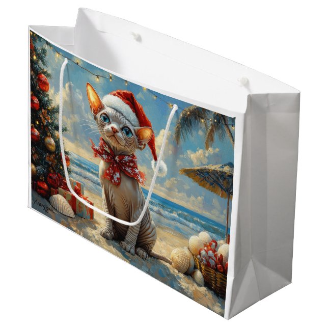 Grand Sac Cadeau Sphynx Chat Noël Plage Vintage (Devant Angle)