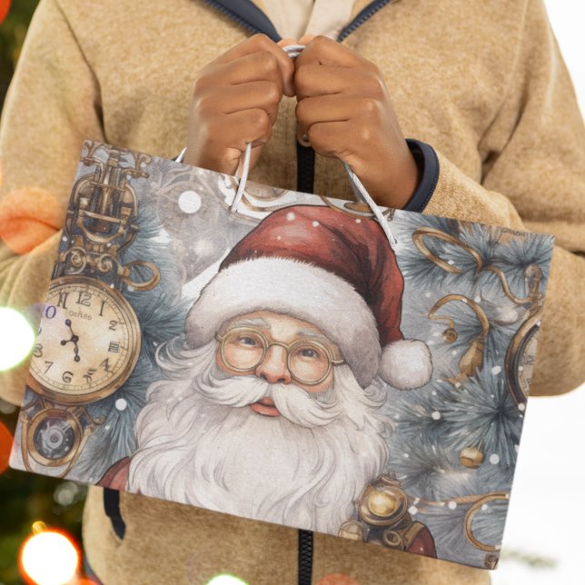 Grand Sac Cadeau Steampunk Santa Claus Horloge Travail et arbres ne (Steampunk Santa festive holiday large gift bags for the holiday season. )