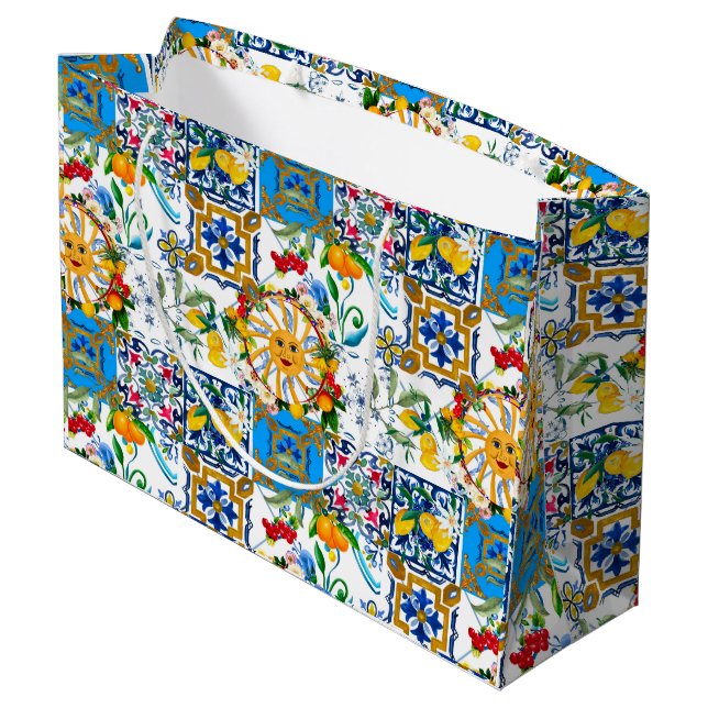Grand Sac Cadeau style sicilien, art d'été, citrons (Dos Angle)