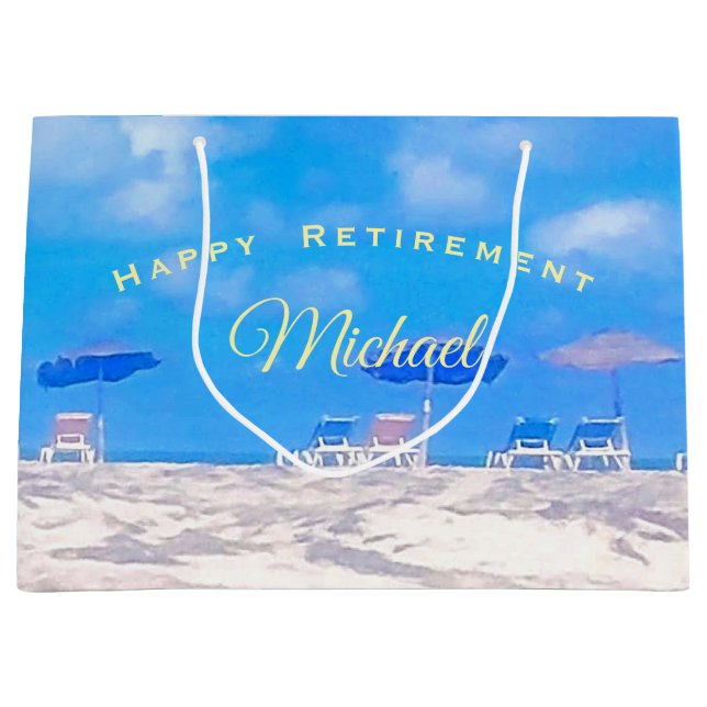 Grand Sac Cadeau Summer Beach Bleu Blanc Bonne retraite (Devant)