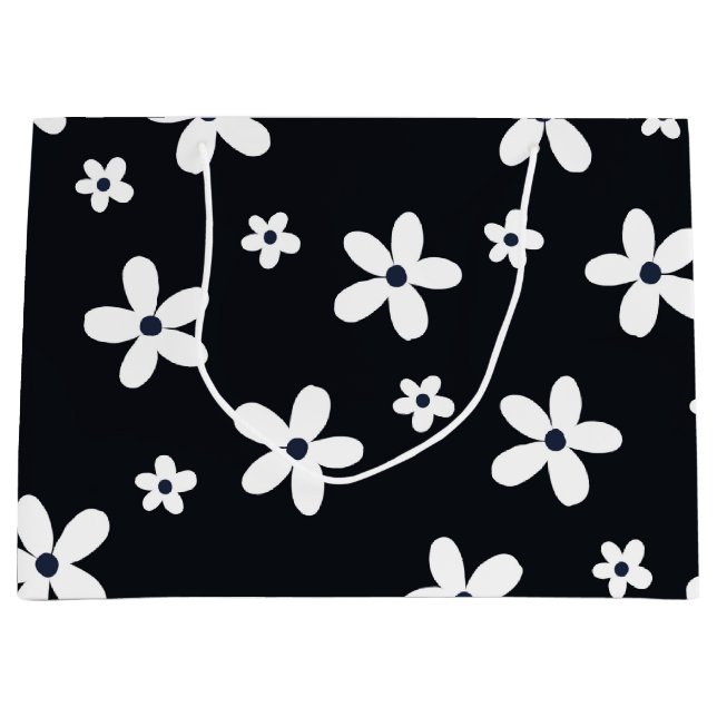 Grand Sac Cadeau Summer Boho Black White Daisy Flowers (Devant)