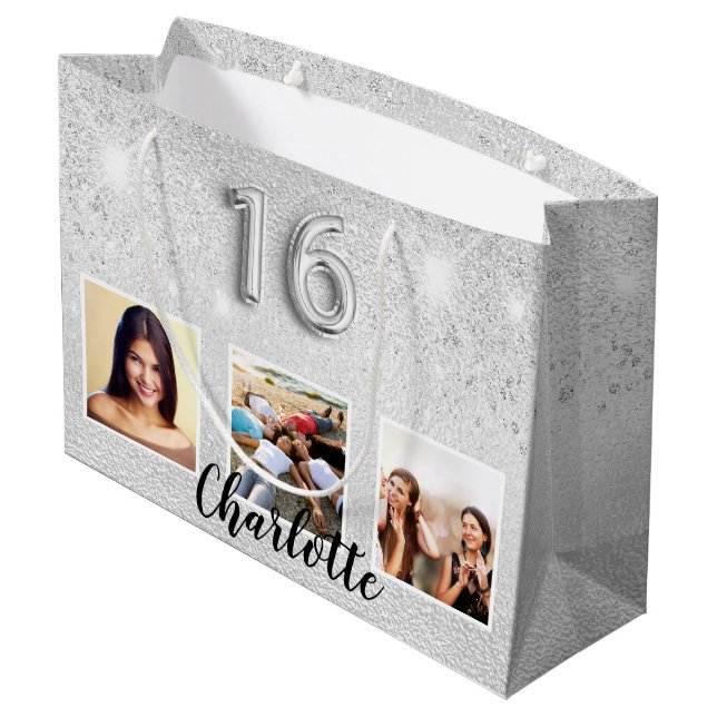Grand Sac Cadeau Sweet 16 argent parties scintillant photo monogram (Dos Angle)
