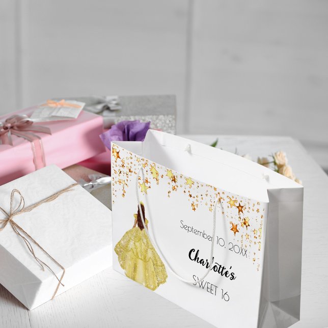 Grand Sac Cadeau Sweet 16 étoiles or blanc robe tiara (Créateur téléchargé)