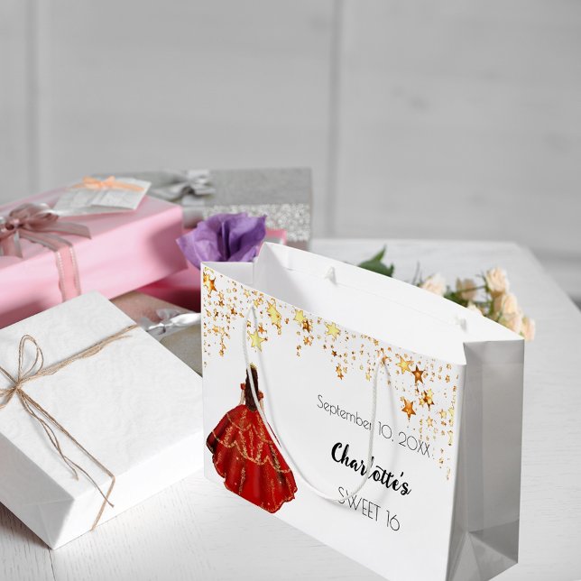 Grand Sac Cadeau Sweet 16 étoiles rouge blanc or robe tiara (Créateur téléchargé)