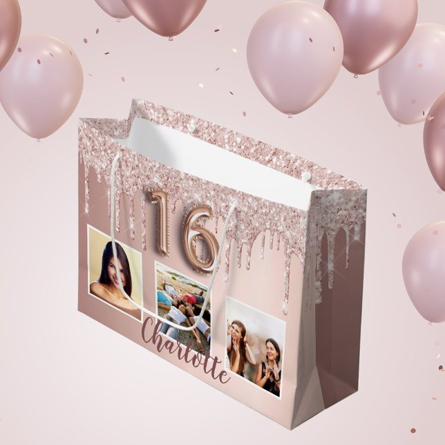 Grand Sac Cadeau Sweet 16 gouttes d'or rose rose photo monogramme (Créateur téléchargé)