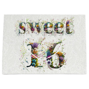 Grand Sac Cadeau Sweet 16 Joyeux Anniversaire Fleur sauvage Texte