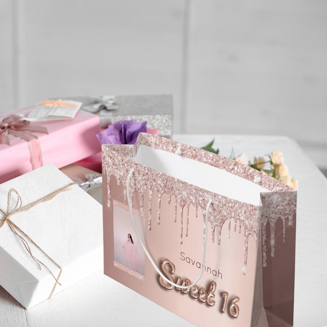 Grand Sac Cadeau Sweet 16 rose or parties scintillant personnalisée (Créateur téléchargé)