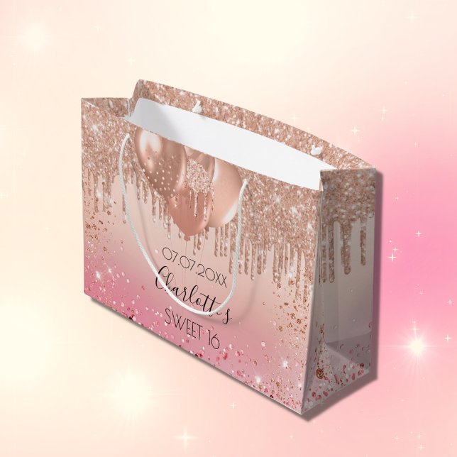 Grand Sac Cadeau Sweet 16 rose rose parties scintillant d'or ballon (Créateur téléchargé)