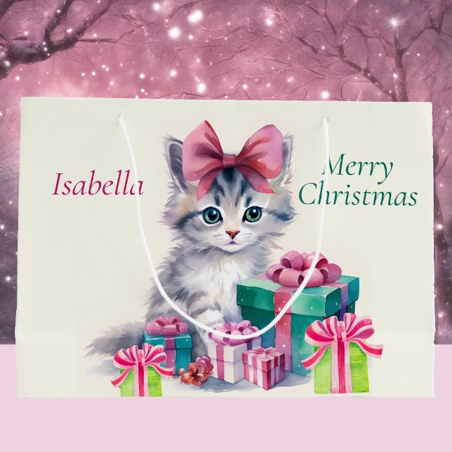 Grand Sac Cadeau Sweet Christmas Kitten Big Pink Bow Add Name (Créateur téléchargé)