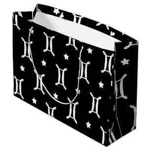 Grand Sac Cadeau Symbole du zodiaque Gémeaux et motif d'étoiles