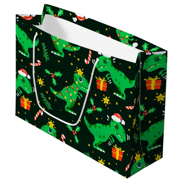 Grand Sac Cadeau T-Rex Dinosaur Noël (Devant Angle)