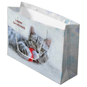 Grand Sac Cadeau Tabby gris mou Chat avec Noël Casquette
