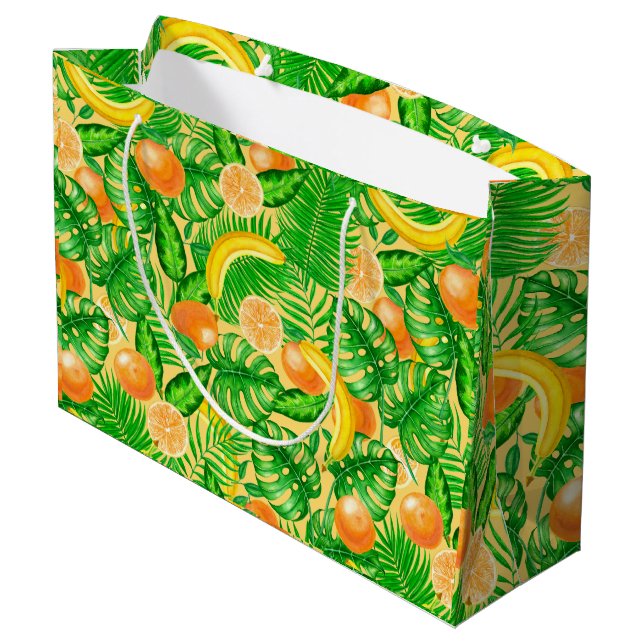 Grand Sac Cadeau Tangerines, bananes et feuilles tropicaux (Dos Angle)