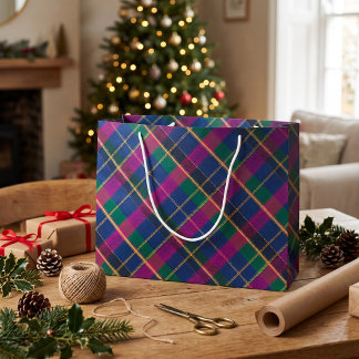 Grand Sac Cadeau Tartan d'Héritage d'Hiver | Diamant Cobalt et Mage