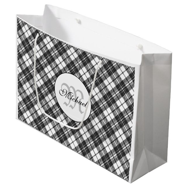 Grand Sac Cadeau Tartan motif Noël noir blanc Monogramme (Devant Angle)