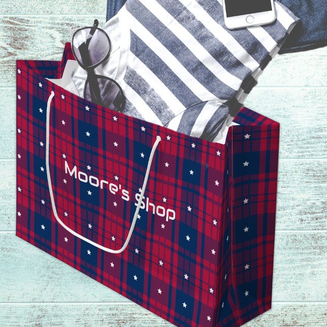 Grand Sac Cadeau Tartan - Patriotique - Étoiles Rouges Bleues Blanc (Créateur téléchargé)