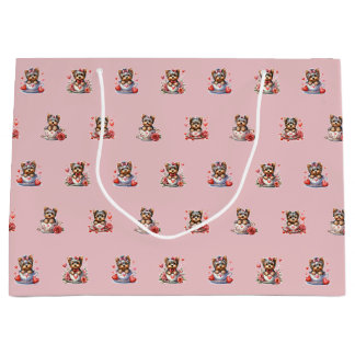 Grand Sac Cadeau Teacup Yorkie Valentine's Day - Rose